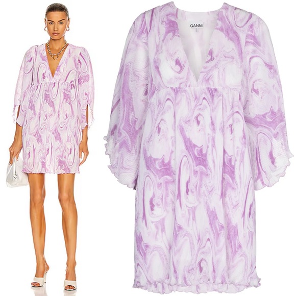 Ganni Orchid Bloom Pleated Georgette Oversized Mini Dress Designer XXS / XS - Picture 16 of 16